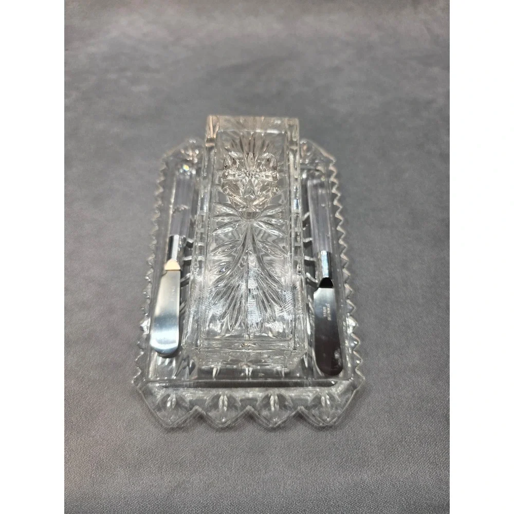 Pressed Glass Butter‎ Dish with Lid and Two Stainless Steel Spreaders Set